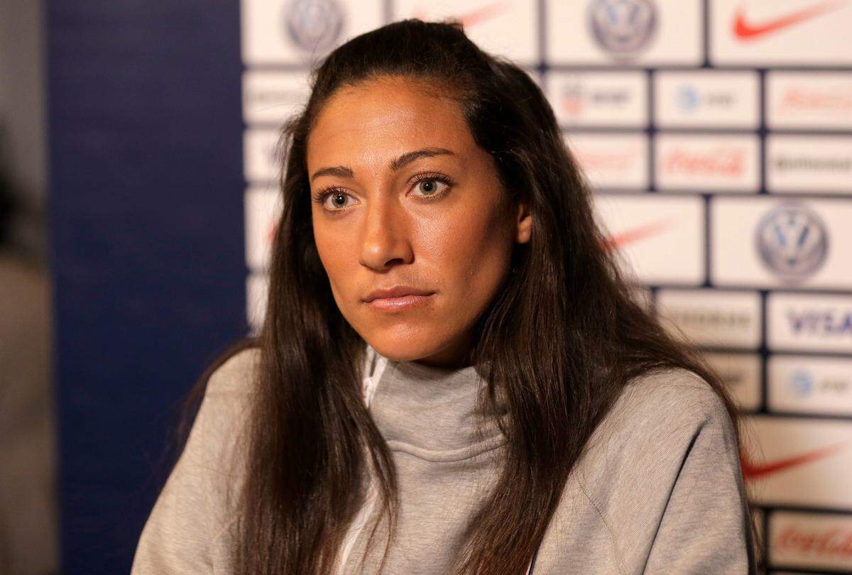 Christen Press, a member of the United States women’s national soccer team, speaks to reporters during a media day in New York, Friday, May 24, 2019.