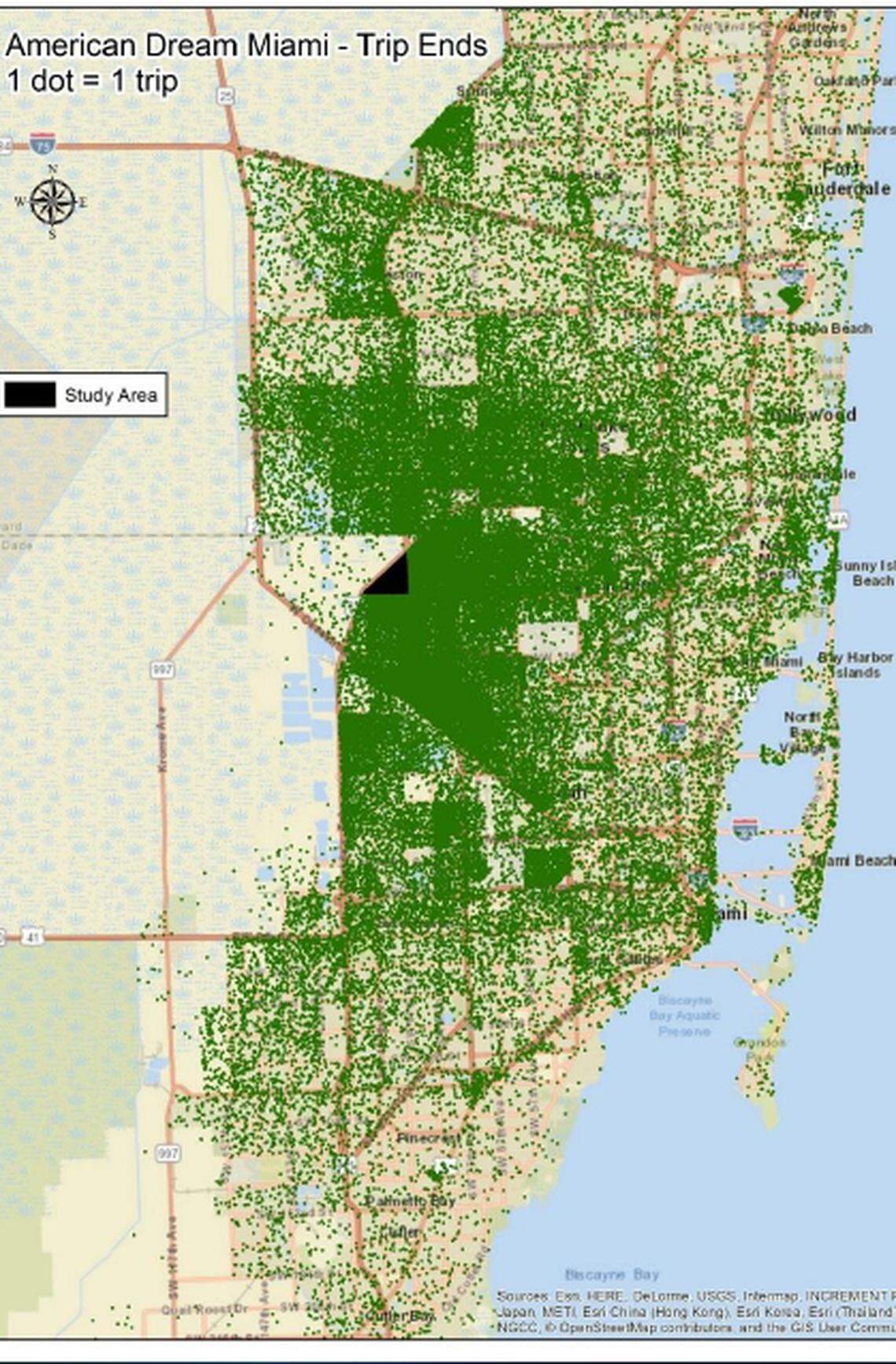 A plot of where Broward County says visitors to American Dream Miami will end up after visiting the proposed $4 billion retail theme park. The county is using its traffic analysis to say there will be more strain on Broward roads than American Dream claims.