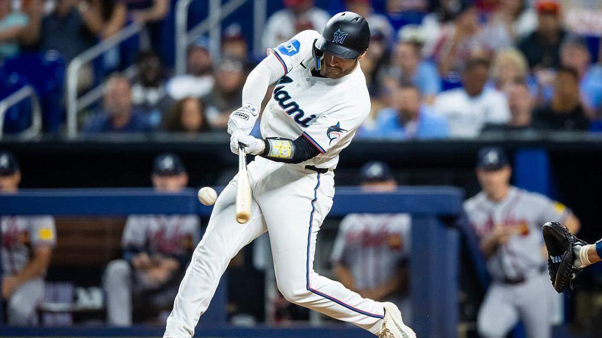 MIAMI, FLORIDA - MAY 18: Joe Mack #80 of the Miami Marlins grounds into an RBI fielder's choice in the second inning against the Miami Marlins at loanDepot park on May 18, 2026 in Miami, Florida. (Photo by Kelly Gavin/Getty Images)