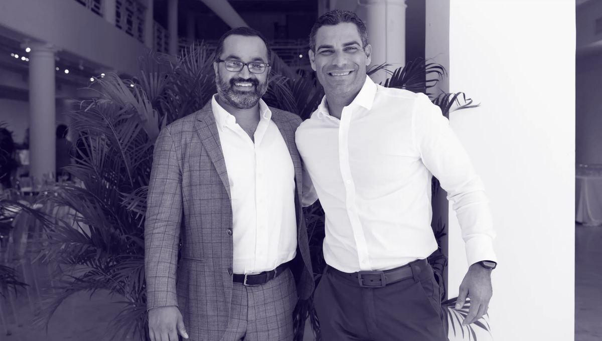 Miami Mayor Francis Suarez, right, with developer Rishi Kapoor at an URBIN launch.