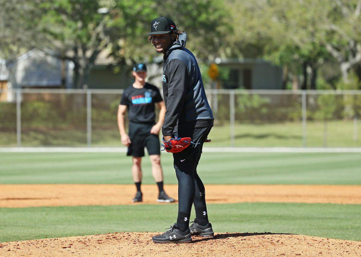 Miami Marlins minor league pitcher Sixto Sanchez runs drills during practice spring training game at the Roger Dean Chevrolet Stadium on Wednesday, March 6, 2019 in Jupiter, FL.