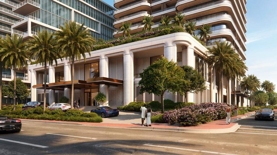 An architectural rendering shows the columned base of the Casa Cipriani luxury hotel and condo that would replace two historic hotels on Collins Avenue and 36th Street in Miami Beach. The existing Beach House 8 condo, which applied for approval of the new building jointly with developers 13th Floor Investments, stands immediately to its left.