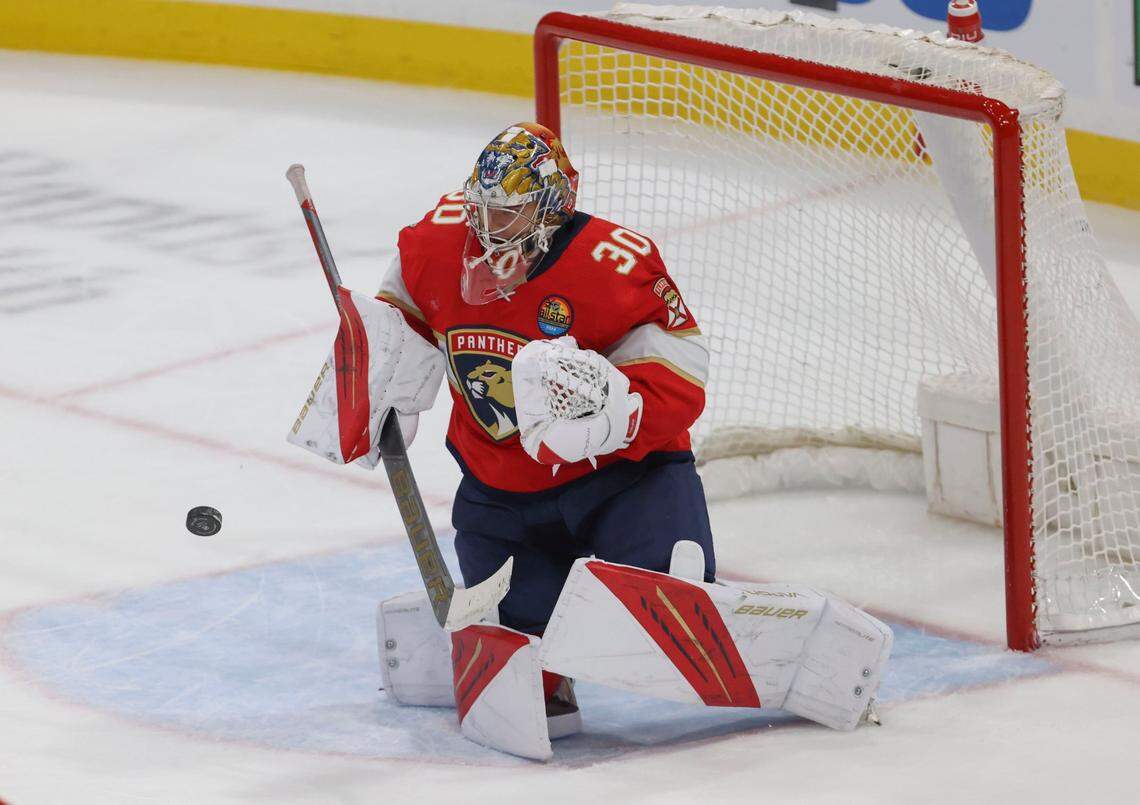 Florida Panther’s goalie Spencer Knight (30) deflects a shot on goal during the third period of a NHL game between the Florida Panthers and the Arizona Coyotes on Tuesday, Jan. 3, 2023, at FLA Live Arena in Sunrise, Fla. The Florida Panthers won 5-3.