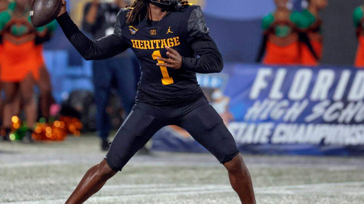 American Heritage’s quarterback Malachi Toney (1) sets up to pass against Jones High School in the first half during the Florida High School Football State Championships - Class 4A game at Pitbull Stadium on the campus of Florida International University in Miami, Florida, on Friday, December 13, 2024.
