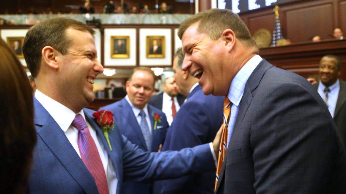 House Speaker Chris Sprowls, R-Palm Harbor, laughs with Senator Jeff Brandes, R-St. Petersburg, during a joint session of the Florida Legislature, Tuesday, January 14, 2020, in Tallahassee.