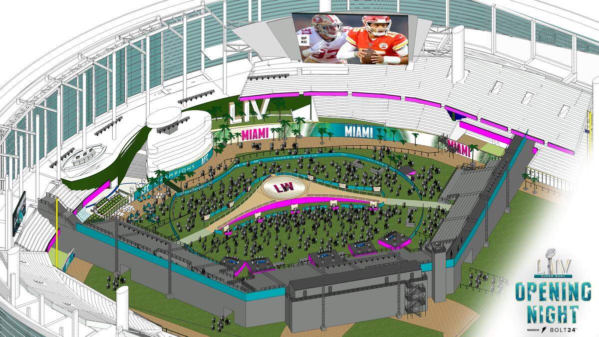 A rendering of how Marlins Park will look for Super Bowl 54’s Opening Night on Monday, Jan. 27, 2020.