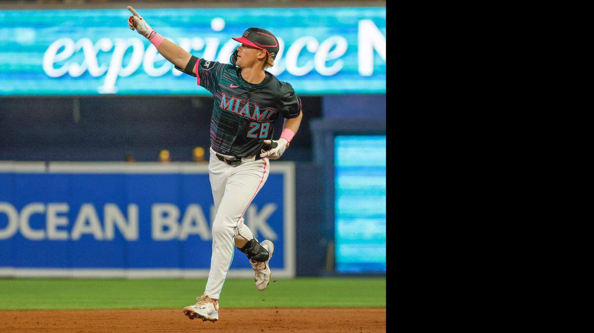 Miami Marlins outfielder Kyle Stowers (28) reacts after he homers on a fly to right field in the second inning against the Milwaukee Brewers at loanDepot park Miami, Florida on Saturday, July 5, 2025.