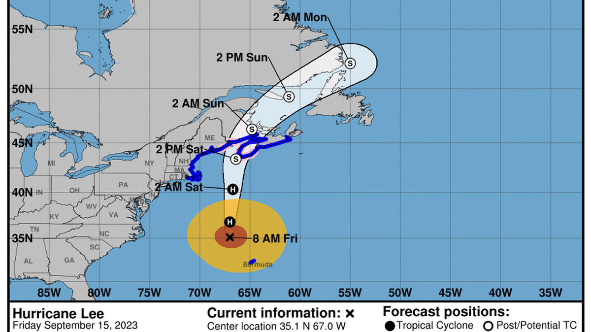 National Hurricane Center Hurricane Lee forecast map on Friday, Sept. 15, 2023.