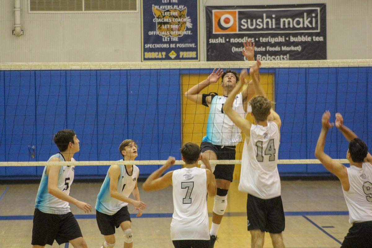 Archbishop McCarthy’s Omar Hoyos goes up high for a kill shot during the 2019 FHSAA boys’ volleyball state quarterfinals against Orlando Celebration at Boca Raton High School.