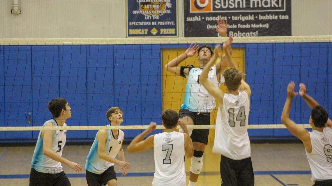 Archbishop McCarthy’s Omar Hoyos goes up high for a kill shot during Friday night’s state quarterfinal match against Orlando Celebration at Boca Raton High School. Hoyos led his team to a close five-set victory and a berth in Saturday’s state semifinals.