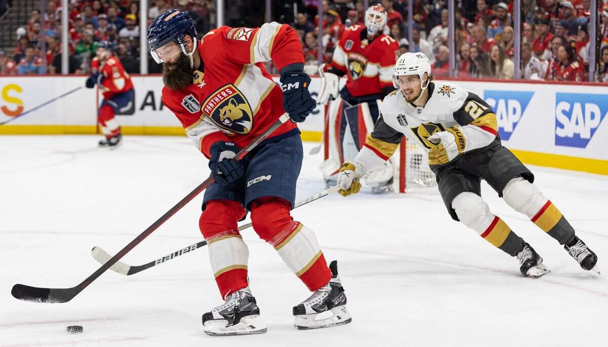 Florida Panthers defenseman Radko Gudas (7) skates with the puck as Vegas Golden Knights center Brett Howden (21) chases behind in the second period of Game 3 of the NHL Stanley Cup Final at the FLA Live Arena on Thursday, June 8, 2023, in Sunrise, Fla.