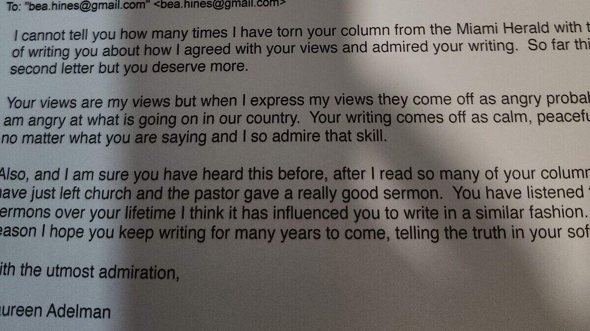 A reader writes a note to Bea Hines, saying ‘I hope you keep writing for many years to come ....’