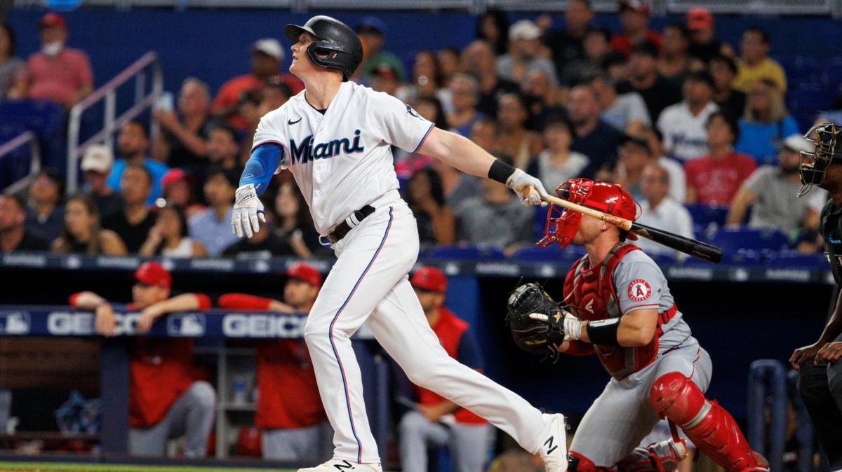 Miami Marlins first baseman Garrett Cooper (26) sacrifice fly during the first inning of a baseball game against Los Angeles Angels at LoanDepot Park on Wednesday, July 6, 2022 in Miami, Florida.