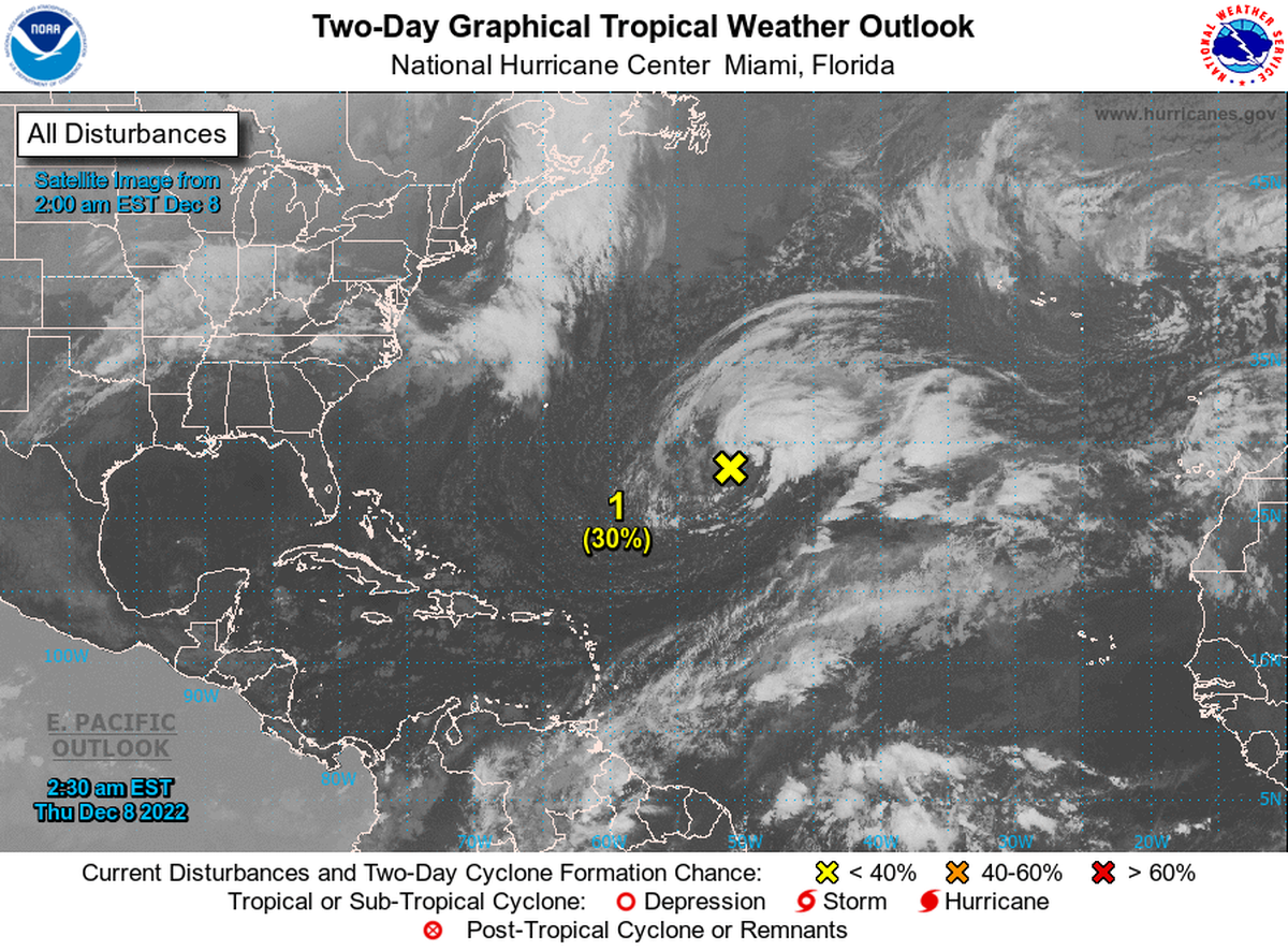 The National Hurricane Center’s tropics map at 7:30 a.m. Dec. 8, 2022, shows a disturbance in the central subtropical Atlantic that was about 850 miles east-southeast of Bermuda.