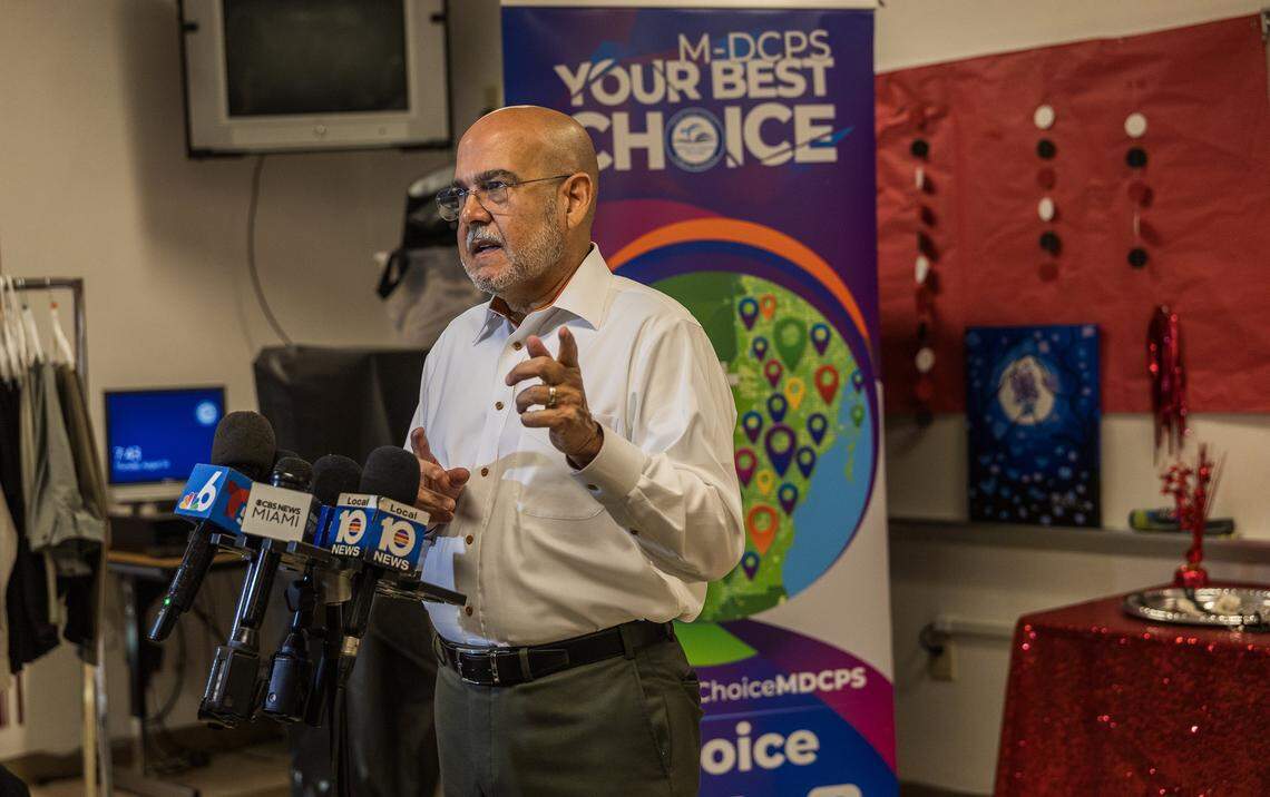 Superintendent of Schools Dr. Jose L. Dotres, talks to the media at the Dr. Rolando Espinosa K-8 Center, during the first day of school for Miami-Dade County Public Schools (M-DCPS) in the 2025-2026 school year, on Thursday, August 14, 2025.