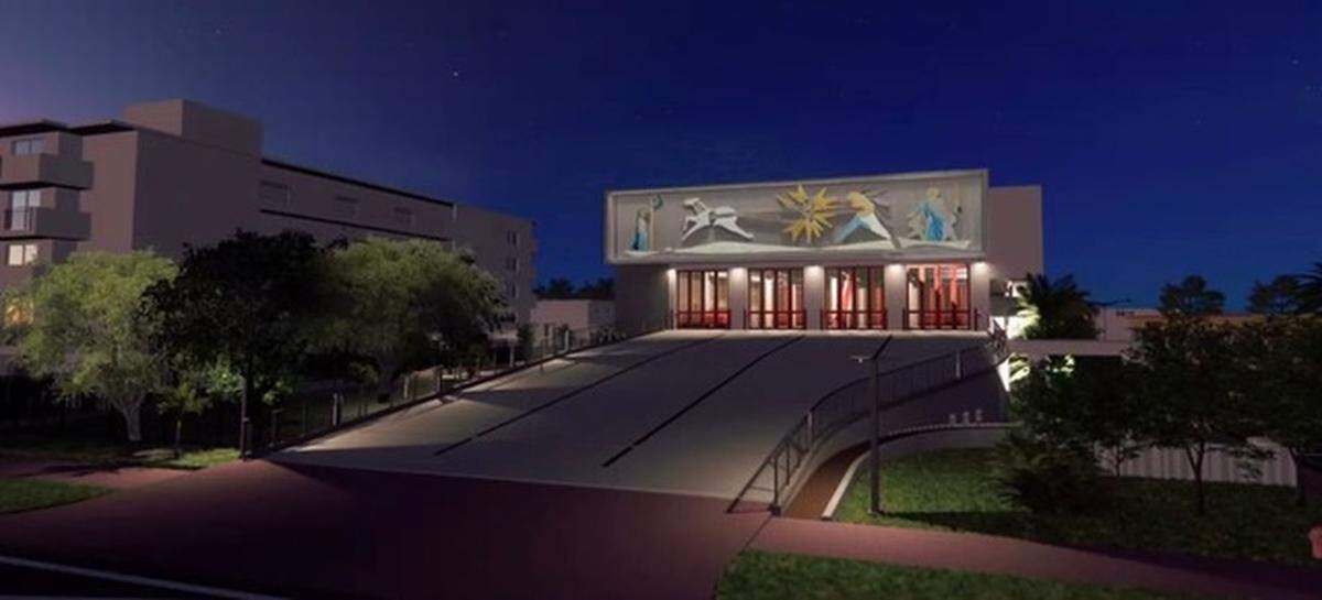 An architectural rendering shows a 1950s monumental mosaic mural that was saved from destruction in 2015 by Miami Beach preservationists at its planned new home at a South Beach fire station that will start construction in 2024. The mural, by artist Jack Stewart, depicts the Greek god Apollo flying his sun chariot across the sky.