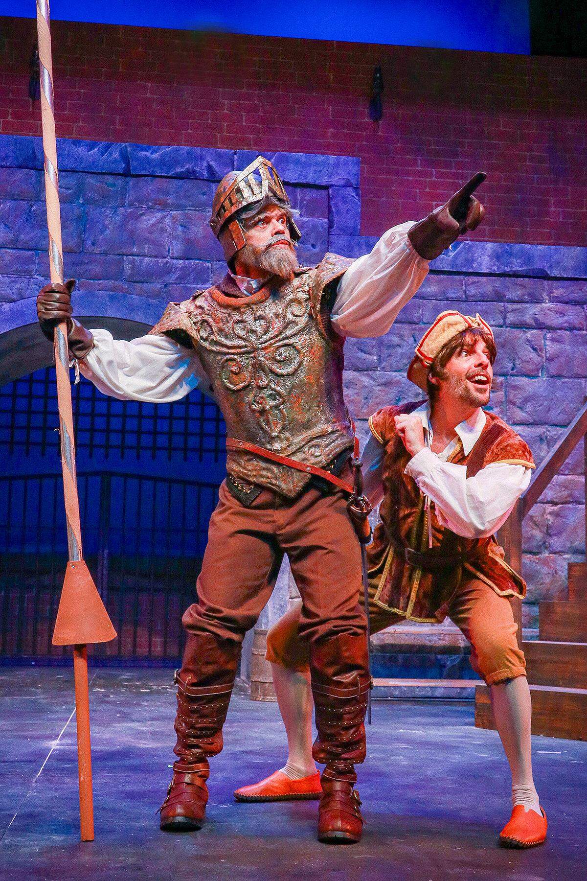 E.L. Losada in the same breast plate of armor that was worn by Don Quixote in Actors’ Playhouse’s production three decades ago. With Losada is Jose Luaces as Sancho Panza.
