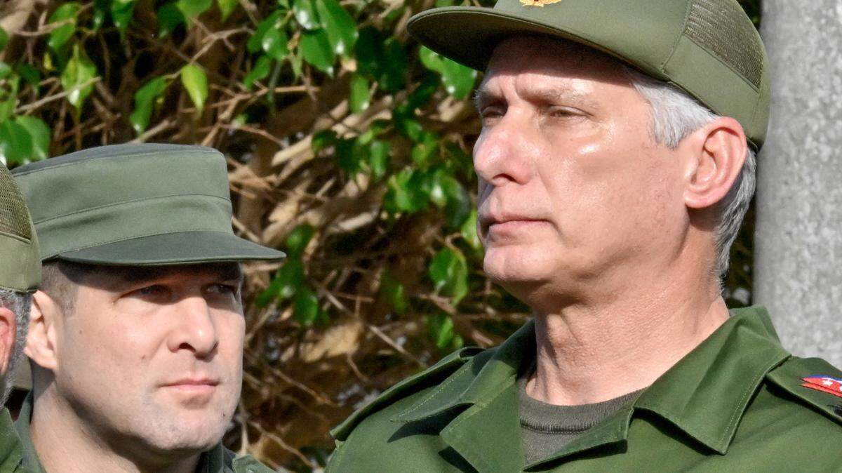 Cuban leader Miguel Diaz-Canel (R) and Col. Raul Guillermo Rodriguez Castro,  grandson of Raul Castro, at the funeral of the 32 Cuban soldiers killed during the U.S. incursion in Venezuela, on Jan. 16, 2026.