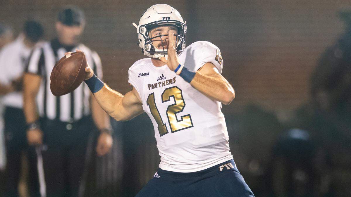FIU Panthers quarterback James Morgan (12) looks to make a pass against the Old Dominion Monarchs during the Saturday, Sept. 8, 2018 game held at Old Dominion University in Norfolk, Virginia. FIU defeated Old Dominion 28 to 20.