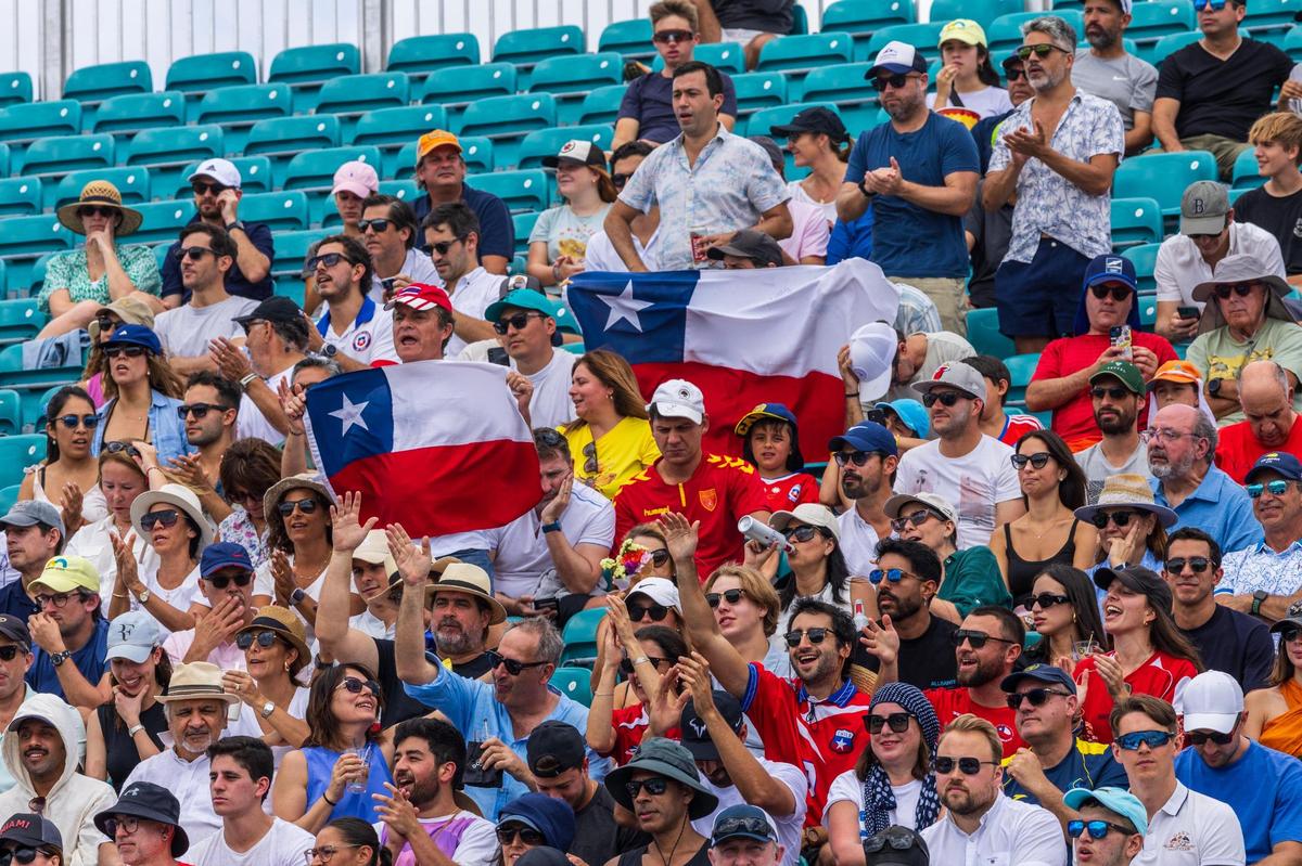 Fans of player Nicolás Jarry, of Chile, supports him as he returns against Casper Ruud, of Norway, during the men’s single 4th round at the Miami Open tennis tournament, on Tuesday, March 26, 2024.