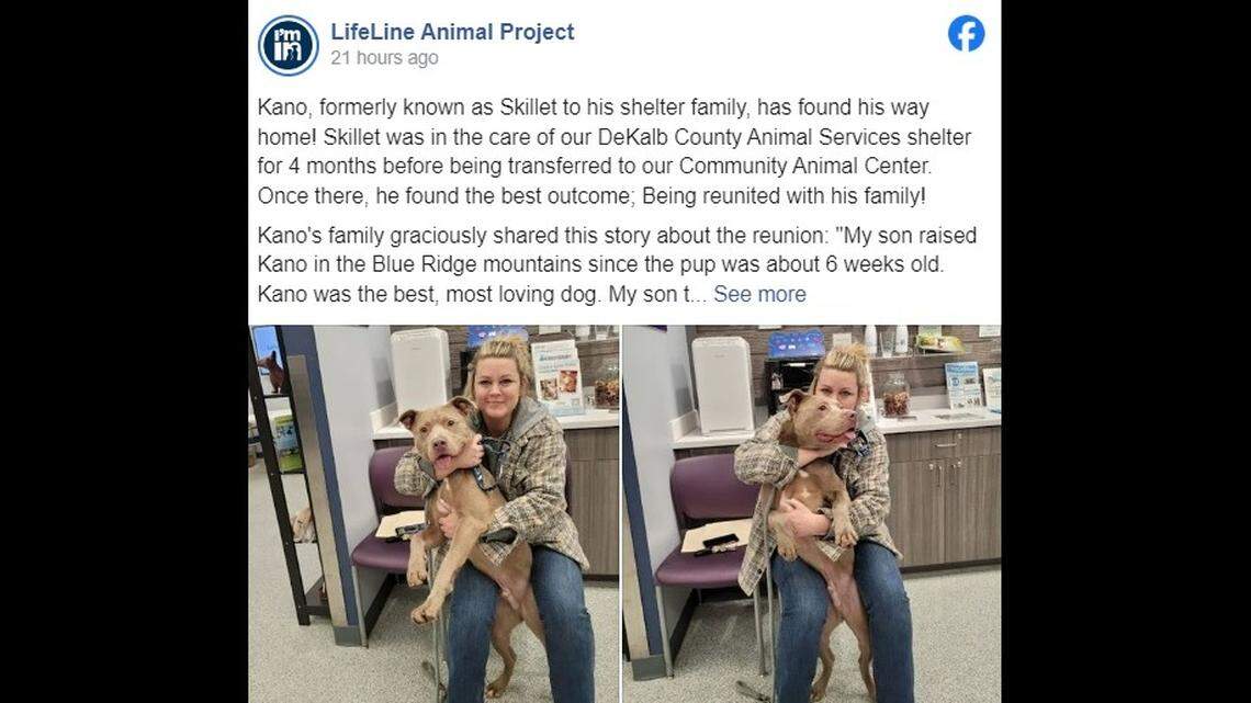 Kano, also known as Skillet, was reunited with his former owner at an animal shelter in DeKalb County, Georgia.