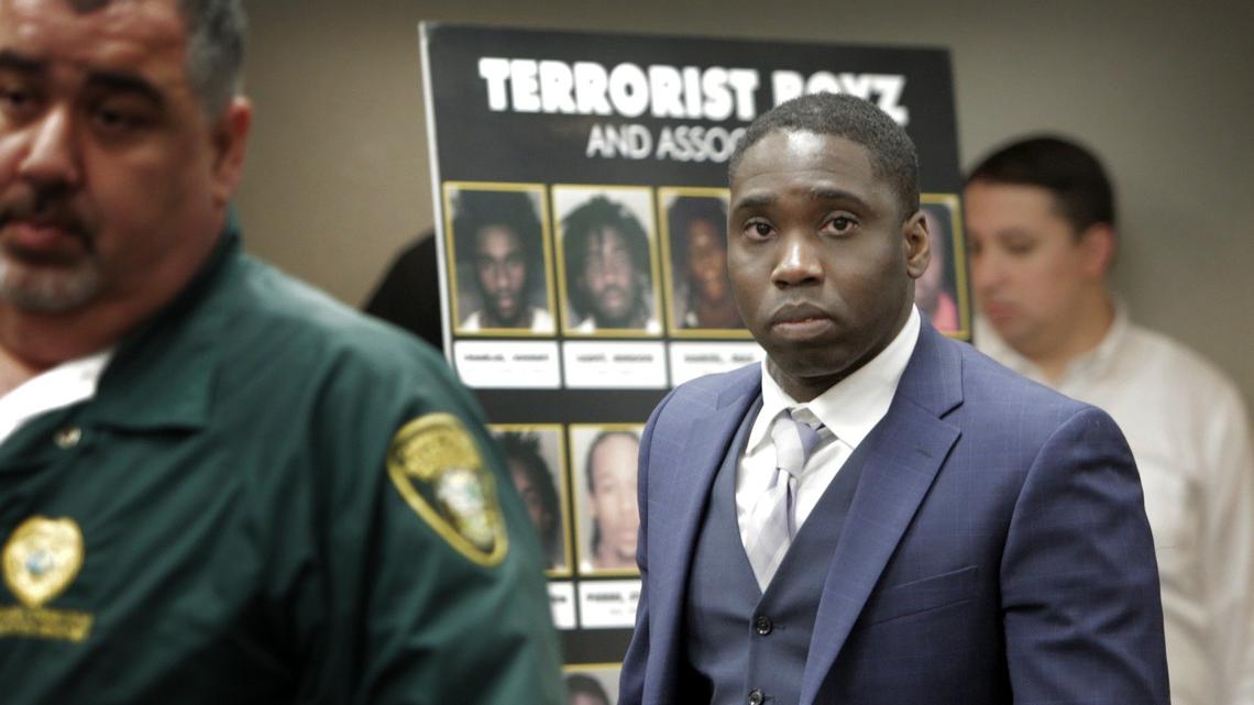 Defendant Benson Cadet enters the courtroom on June 24, 2019, in his Miami trial on multiple counts of murder. Cadet, 36, faces four counts of murder and is the second reputed member of the North Miami Terrorist Boyz gang to go to trial.