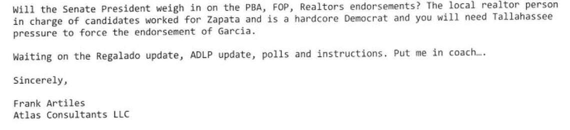 Screen grab of an email sent from former Miami Senator Frank Artiles to Patrick Bainter, the lead consultant for Florida’s Senate Republican campaign committee.