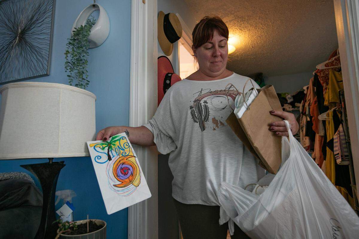 Matlacha resident Rachel Godbout, 42, said that she was preparing to evacuate her home Tuesday morning, August 29, 2023. Her family was taking precautions due to the possibility of flooding and wind damage from the potential impact of Hurricane Idalia around the area.