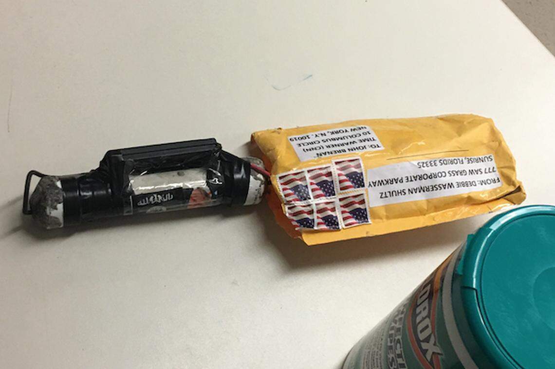 In a photo provided by CNN, the bomb that was addressed to former CIA Director John Brennan and delivered to CNN’s New York offices on Wednesday, Oct. 24, 2018, is shown.