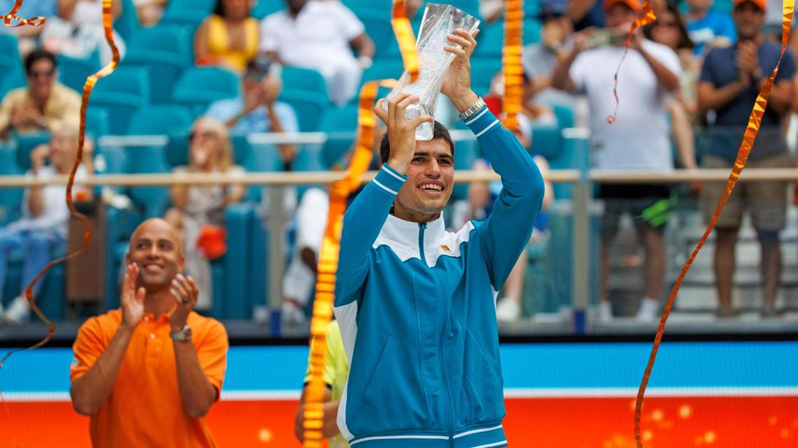 Carlos Alcaraz of Spain reacts during a trophy ceremony after beating Casper Ruud of Norway 7-5, 6-4 during the men’s singles finals of the Miami Open tennis tournament at Hard Rock Stadium on Sunday, April 3, 2022, in Miami Gardens, Fla.