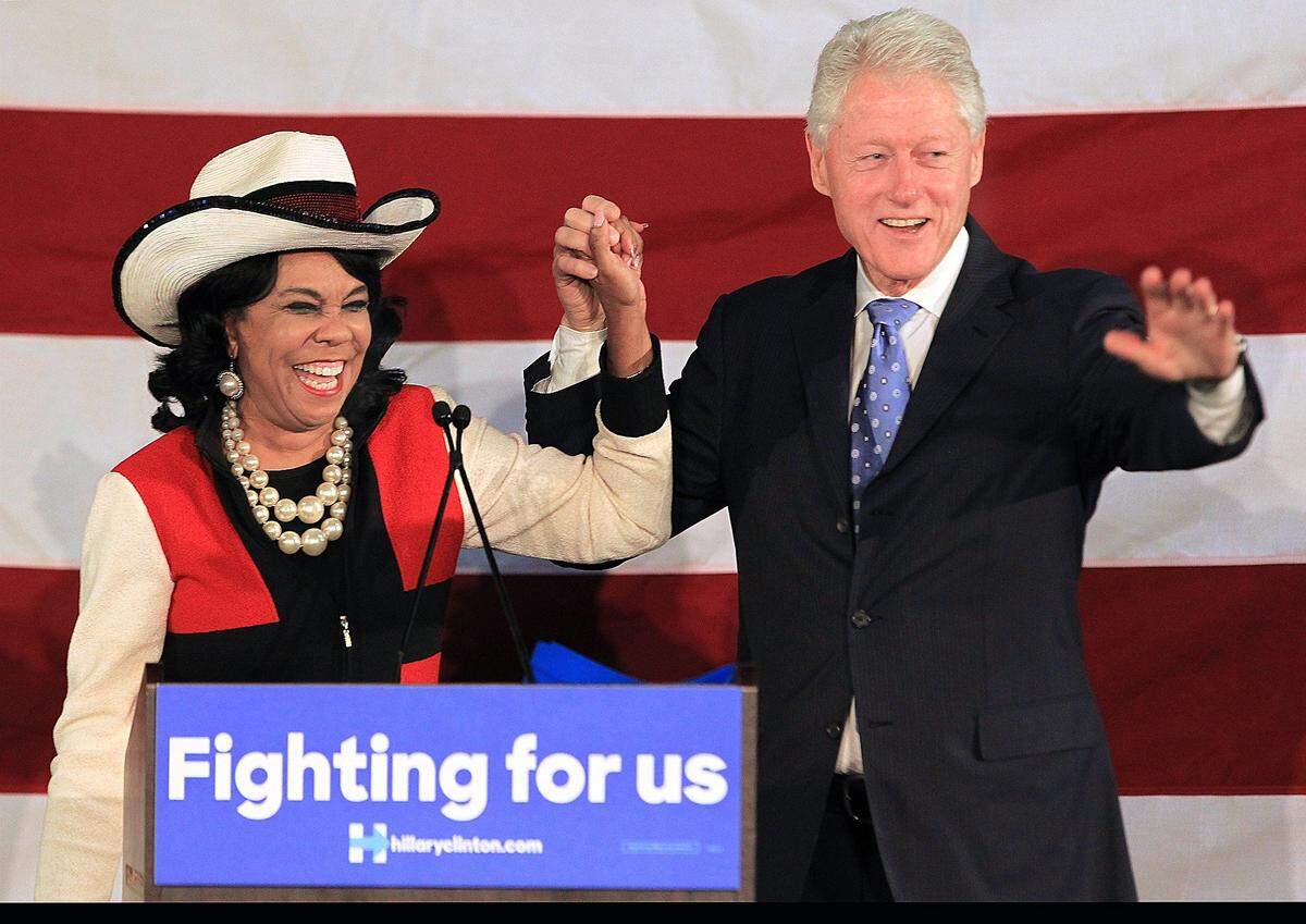 Congresswoman Frederica Wilson greets Bill Clinton after endorsing her support for Hillary Clinton during a Miami Gardens campaign stop. 