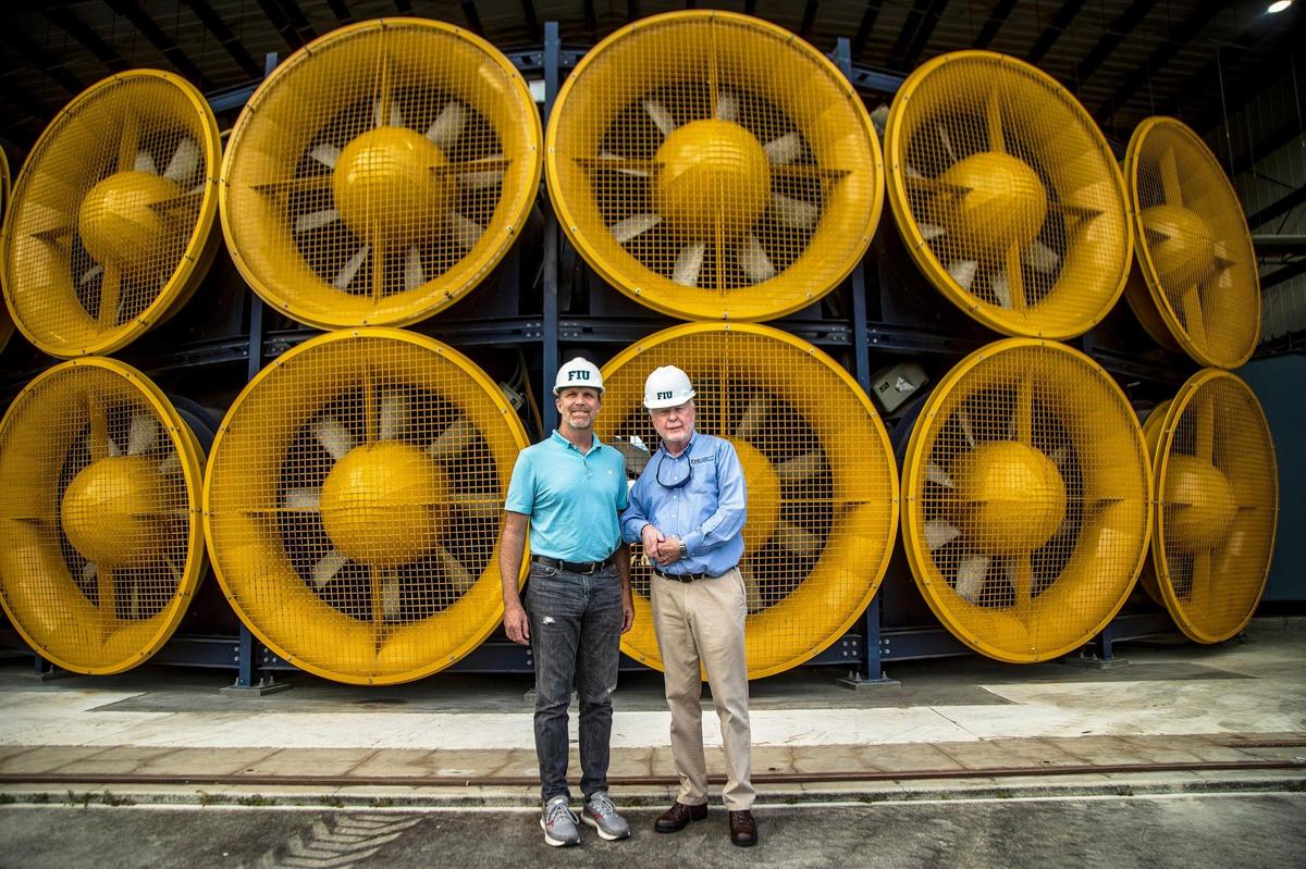 Steven Diaz, Ph.D., program director (left) and Richard Olson, Ph.D., director, at the Wall of Wind at the International Hurricane Research Center in the FIU’ College of Engineering & Computing in Miami.