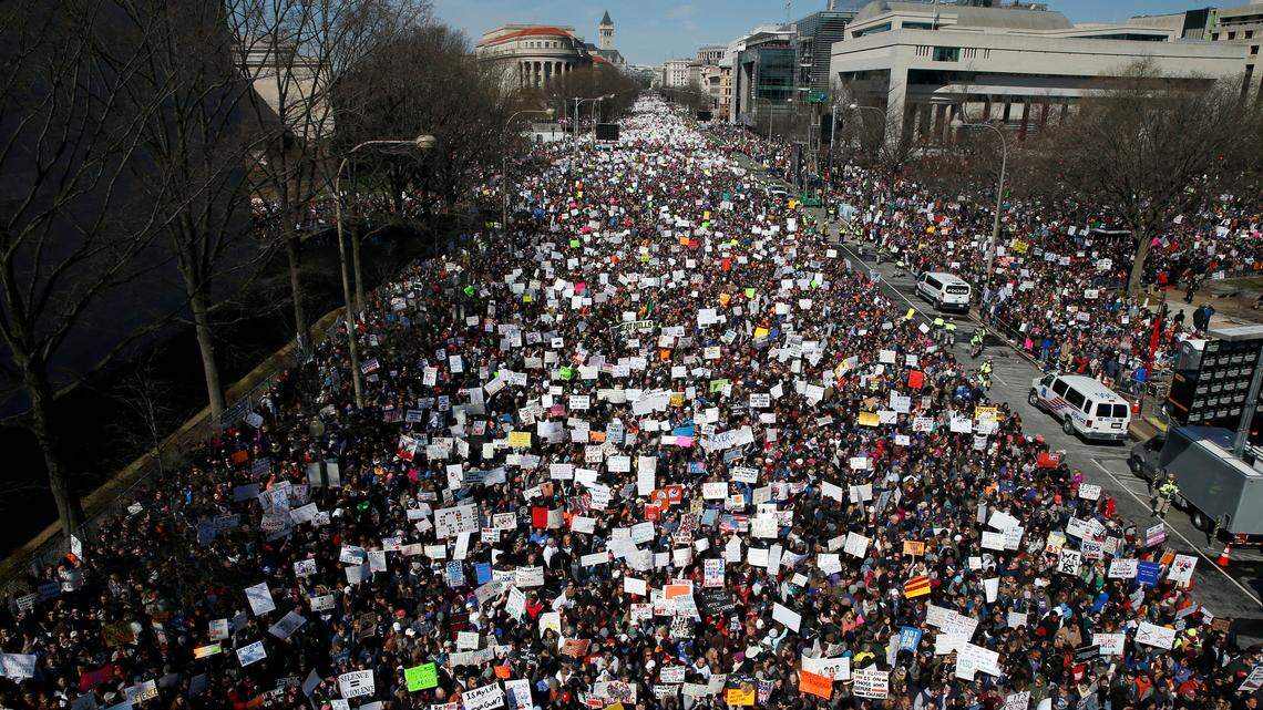 People fill Pennsylvania Avenue during the March For Our Lives rally in support of gun control, Saturday, March 24, 2018, in Washington.