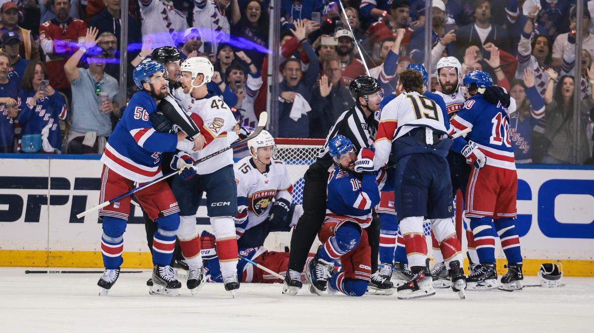 May 24, 2024; New York, New York, USA; New York Rangers and Florida Panthers players battle after a goal by center Vincent Trocheck (16) during the first period in game two of the Eastern Conference Final of the 2024 Stanley Cup Playoffs at Madison Square Garden.