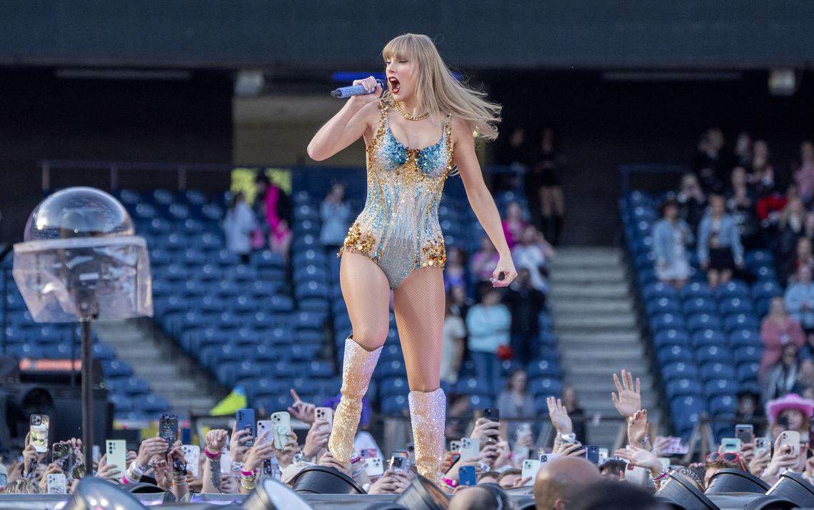 Taylor Swift performs during her Eras Tour at the Murrayfield Stadium in Edinburgh on July 5, 2024.