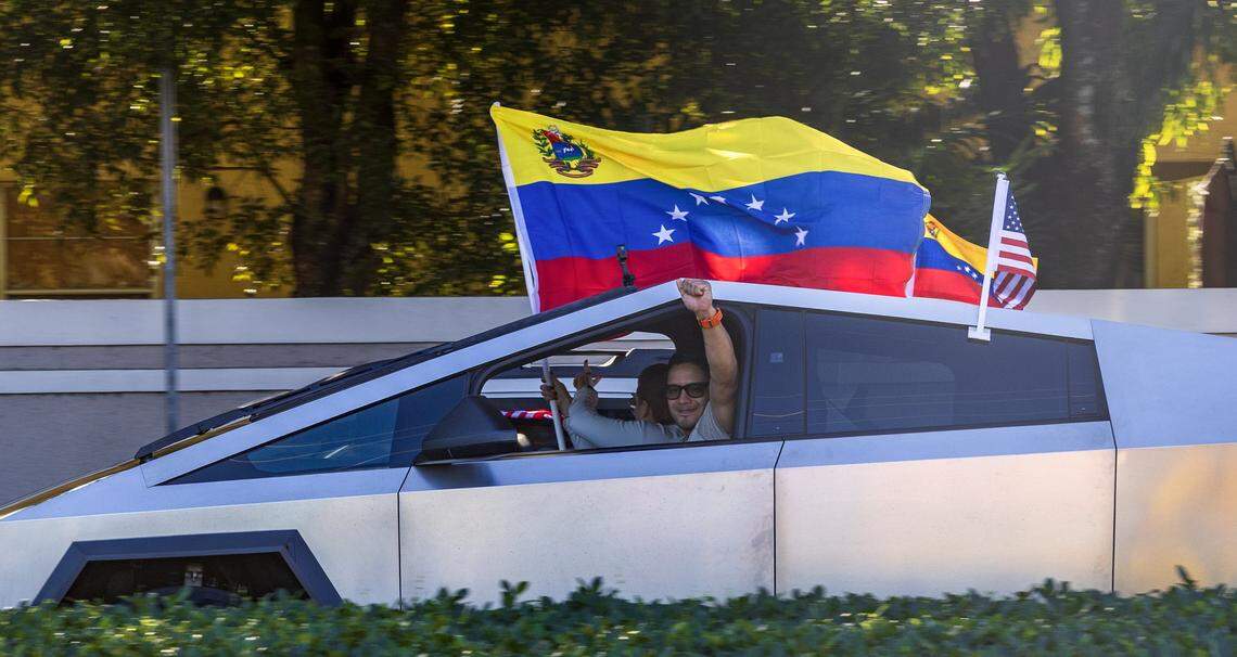Commuters expressed their support to Venezuelan exiles living in South Florida celebrating outside of El Arepazo in Doral, Florida, after the United States attacked Venezuela and captured Venezuelan leader Nicolás Maduro,  on Jan. 3, 2026.