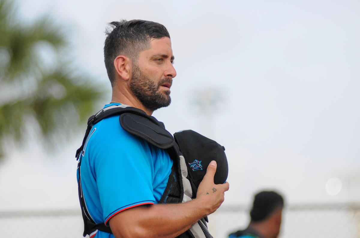 Miami Marlins catcher Francisco Cervelli during spring training on Friday, Feb. 14, 2020, at the Roger Dean Chevrolet Stadium complex in Jupiter, Florida.