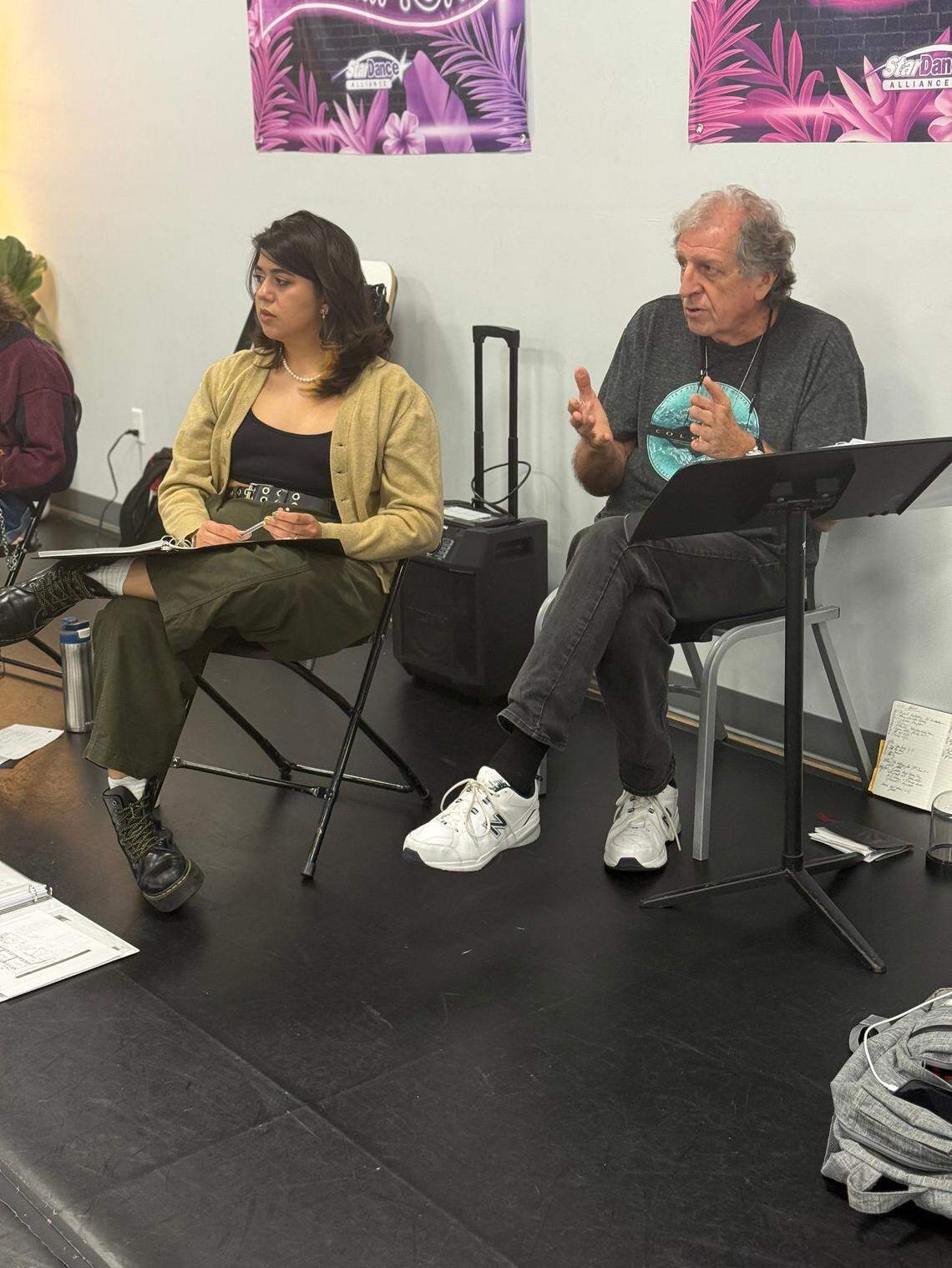 Isabel Jimenez, assistant director, and Phillip M Church, director, watch a rehearsal of Tennessee Williams’ ‘The Glass Menagerie,’ a new production by What if Works.