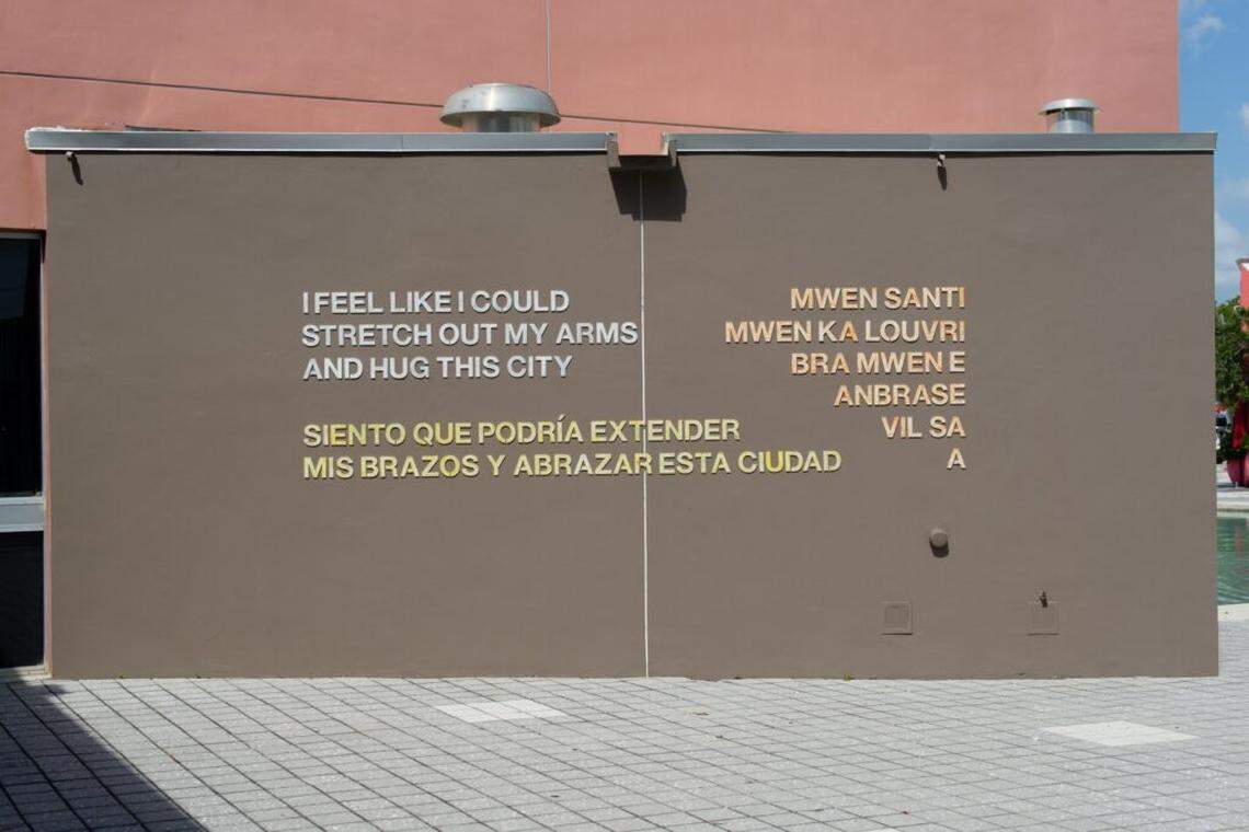 One of the poems from the Poetry on the Plaza installation, written in English, Haitian Creole, and Spanish, is titled “Feel, Siento, Santi.” It is a ZipOde, a poetic form created by O, Miami that structures each line according to the digits of a U.S. ZIP code.