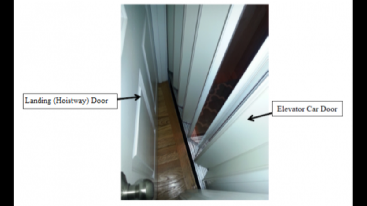 The space between the exterior landing door and interior elevator car door can trap a child.