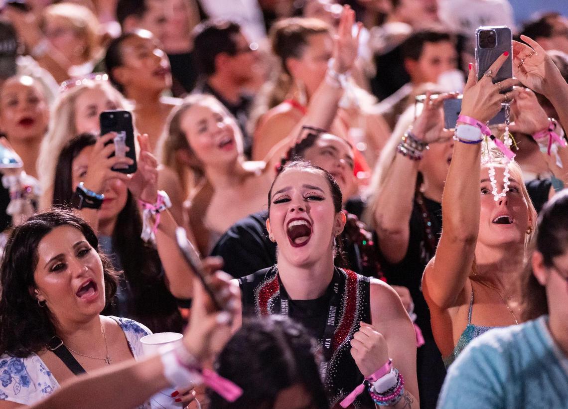 A fan reacts before Taylor Swift performs onstage during The Eras Tour at Hard Rock Stadium on Friday, Oct. 18, 2024, in Miami Gardens, Fla.