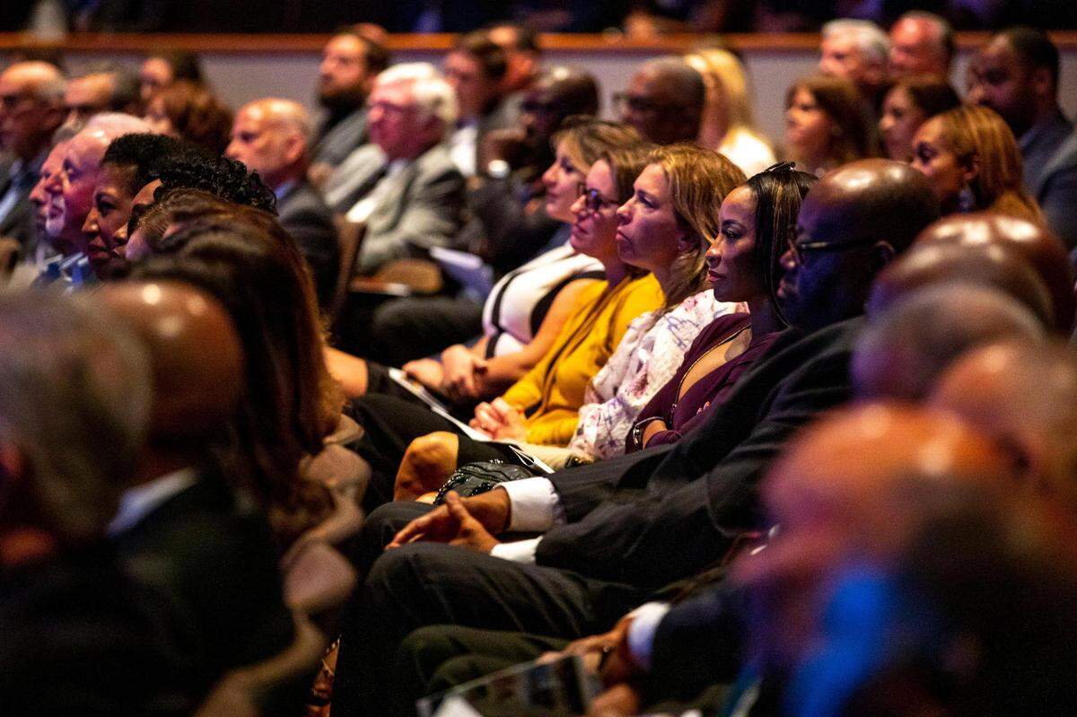 The audience during a memorial service for Michael A. Finney, president and CEO of the Miami-Dade Beacon Council, at Miami Dade College, Wolfson Campus in downtown Miami, Florida, on Monday, April 25, 2022.