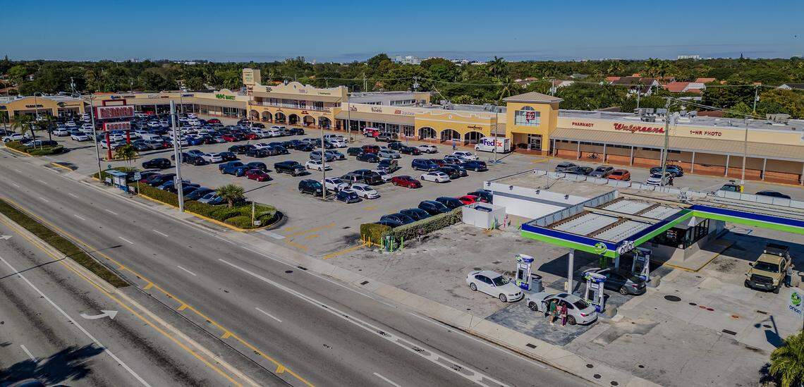 Aerial view of the Red Bird Shopping Center on Wednesday, Dec. 31, 2025. The property was recently sold to a developer for $62.1 million. The center is at the northwest corner of Southwest 40th Street (Bird Road) and 57th Avenue (Red Road), neighboring Coral Gables.