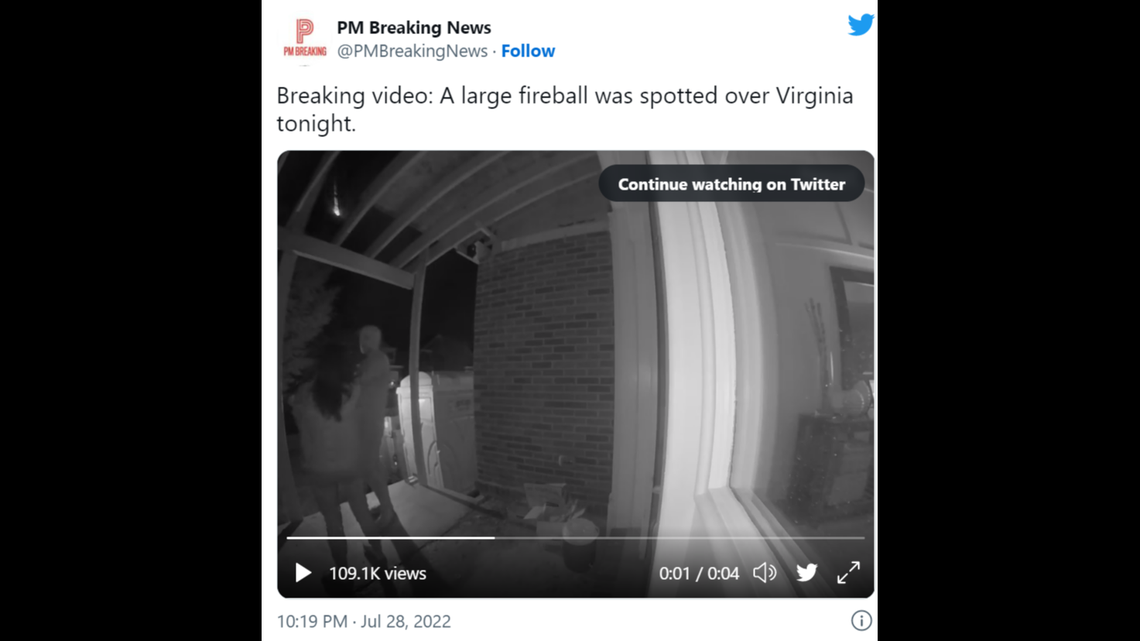 A 200-pound fireball two times brighter than the full moon shot across Virginia and Maryland skies, according to eyewitness reports and NASA’s data.