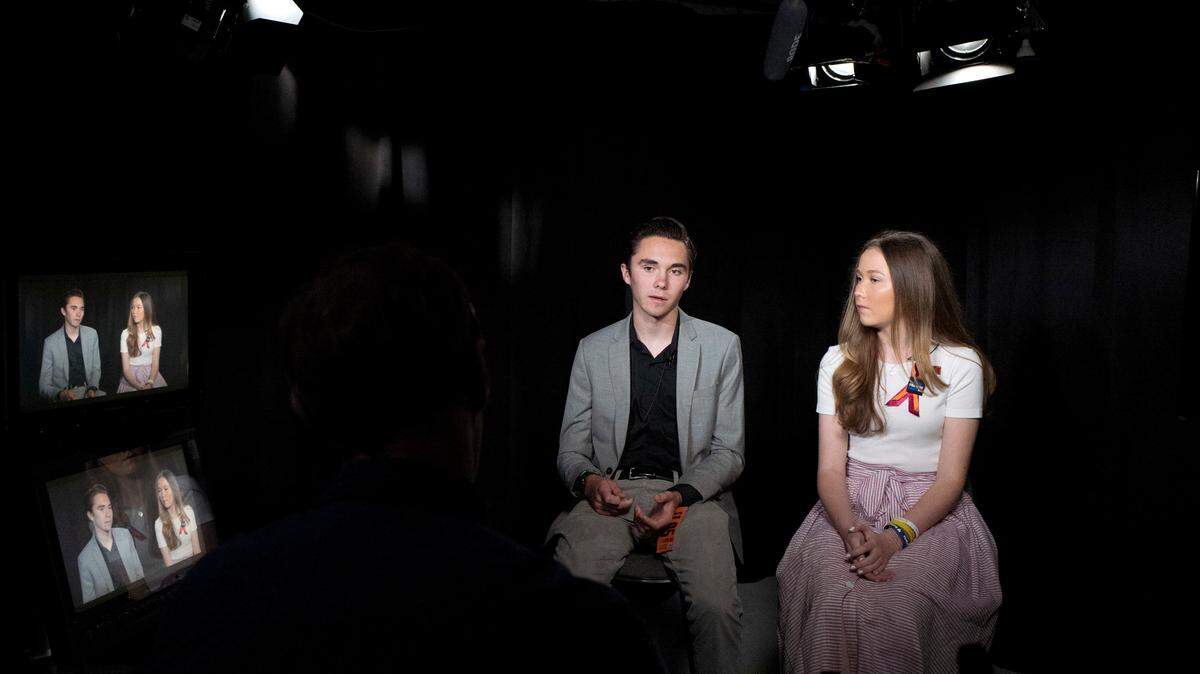 David and Lauren Hogg, authors of #NeverAgain, discuss their experiences following the shooting at Marjory Stoneman Douglas High School during an interview in New York, Tuesday, June 19, 2018. Fourteen students and three staff members were fatally shot and multiple others wounded during the school massacre, on Feb. 14, 2018, in Parkland, Fla.