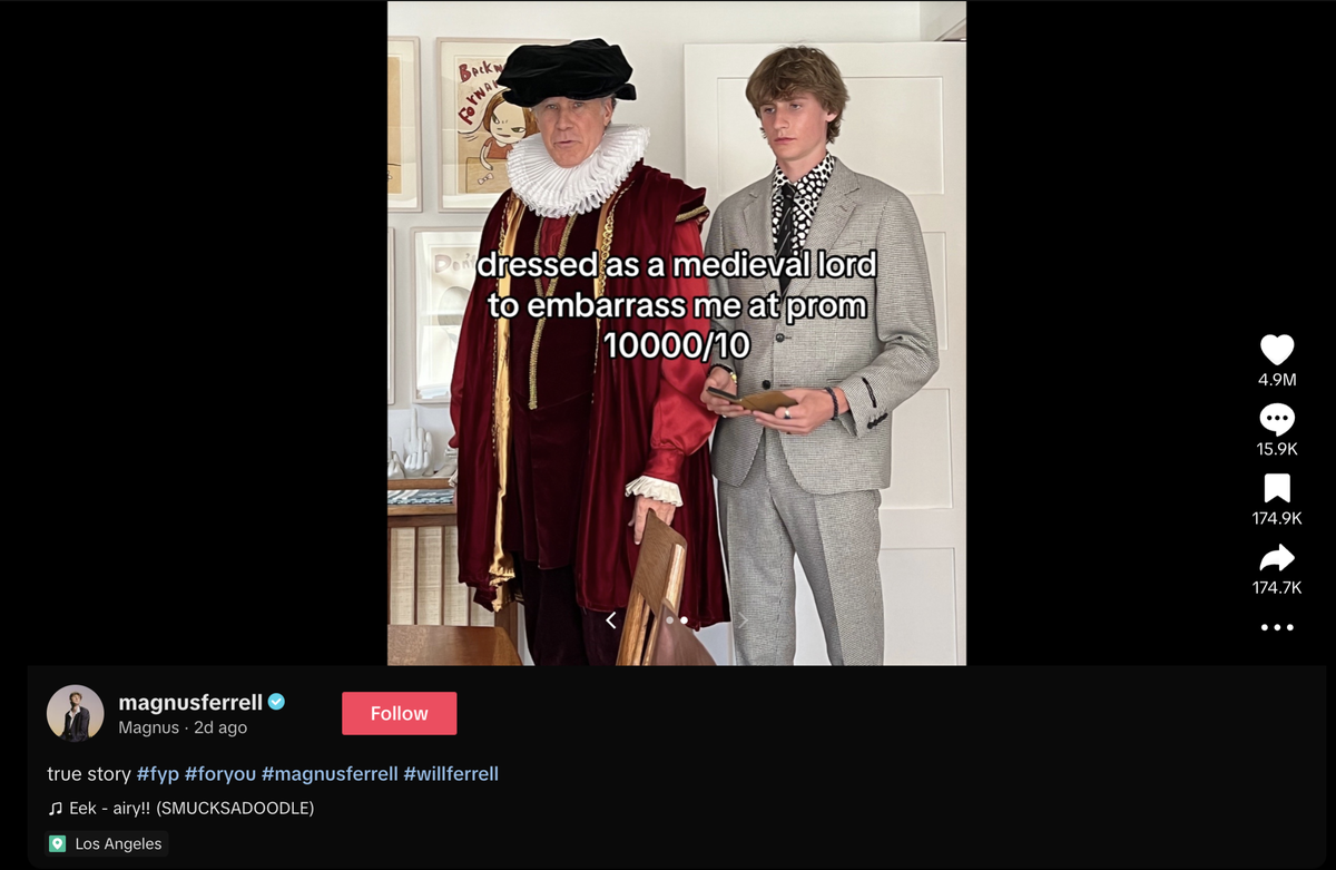 Magnus Ferrell is using a TikTok trend to share the embarrassing Prom Night prank dad Will Ferrell pulled on him.