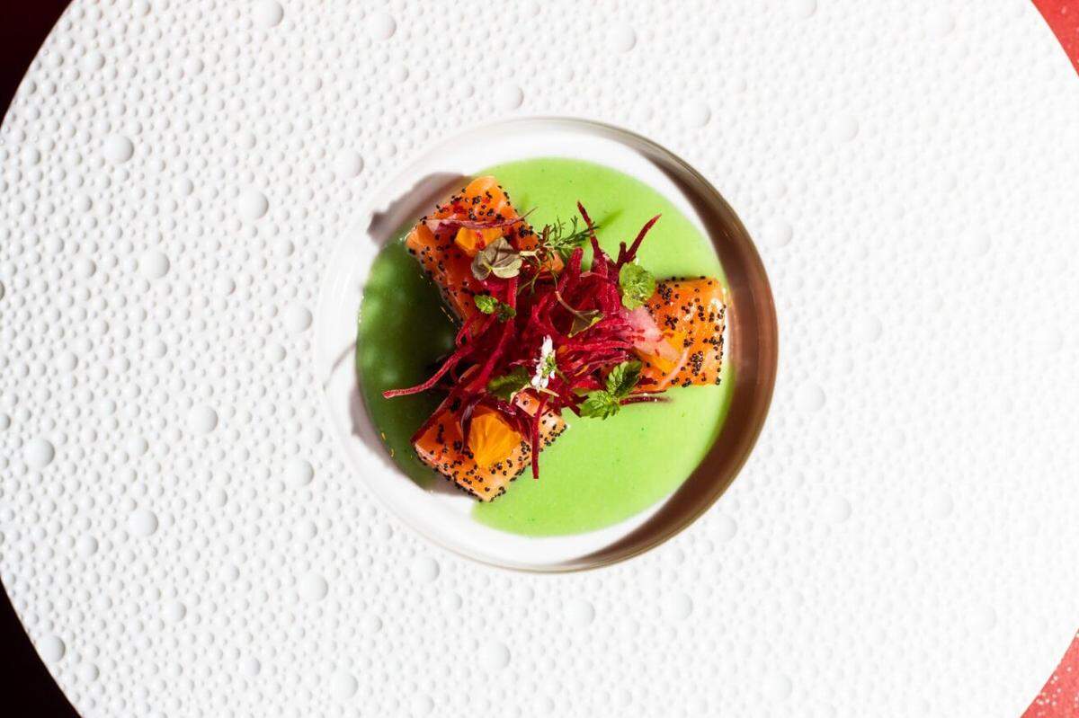 Ora King Salmon marinated in dill and citrus, endive variations and aguachile cucumber, served as part of the spring lunch menu at L’Atelier de Joël Robuchon in Miami’s Design District.