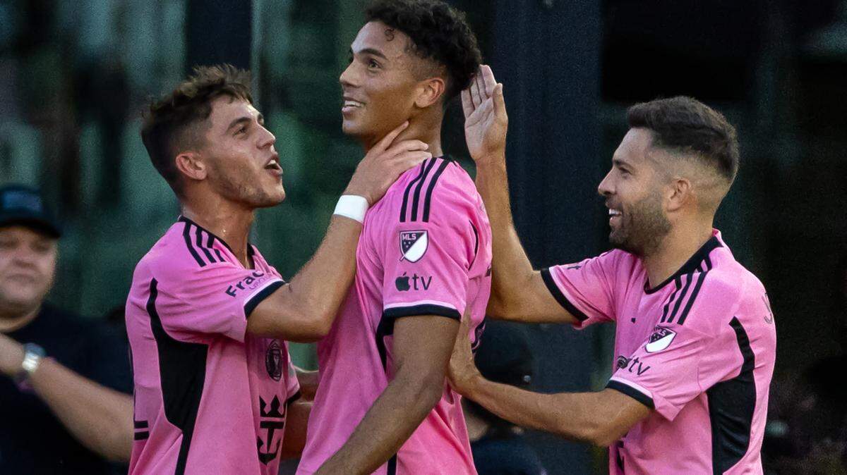 Inter Miami defender Ian Fray (17) celebrates with teammates Noah Allen (32) and Jordi Alba (18) after scoring a goal against Columbus Crew in first half of their MLS match at Chase Stadium on Wednesday, June 19, 2024, in Fort Lauderdale, Fla. The teams meet again Aug. 13 in the Leagues Cup Round of 16 in Columbus, Ohio.