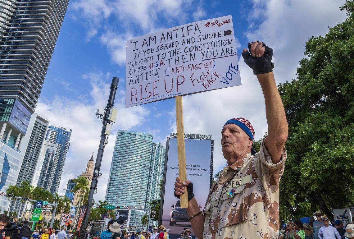 Tim Langion was among a group of protesters that expressed their opinions at the MiamiT orch of Friendship in downtown, Miami, during the ‘No Kings’ anti-Trump protests.