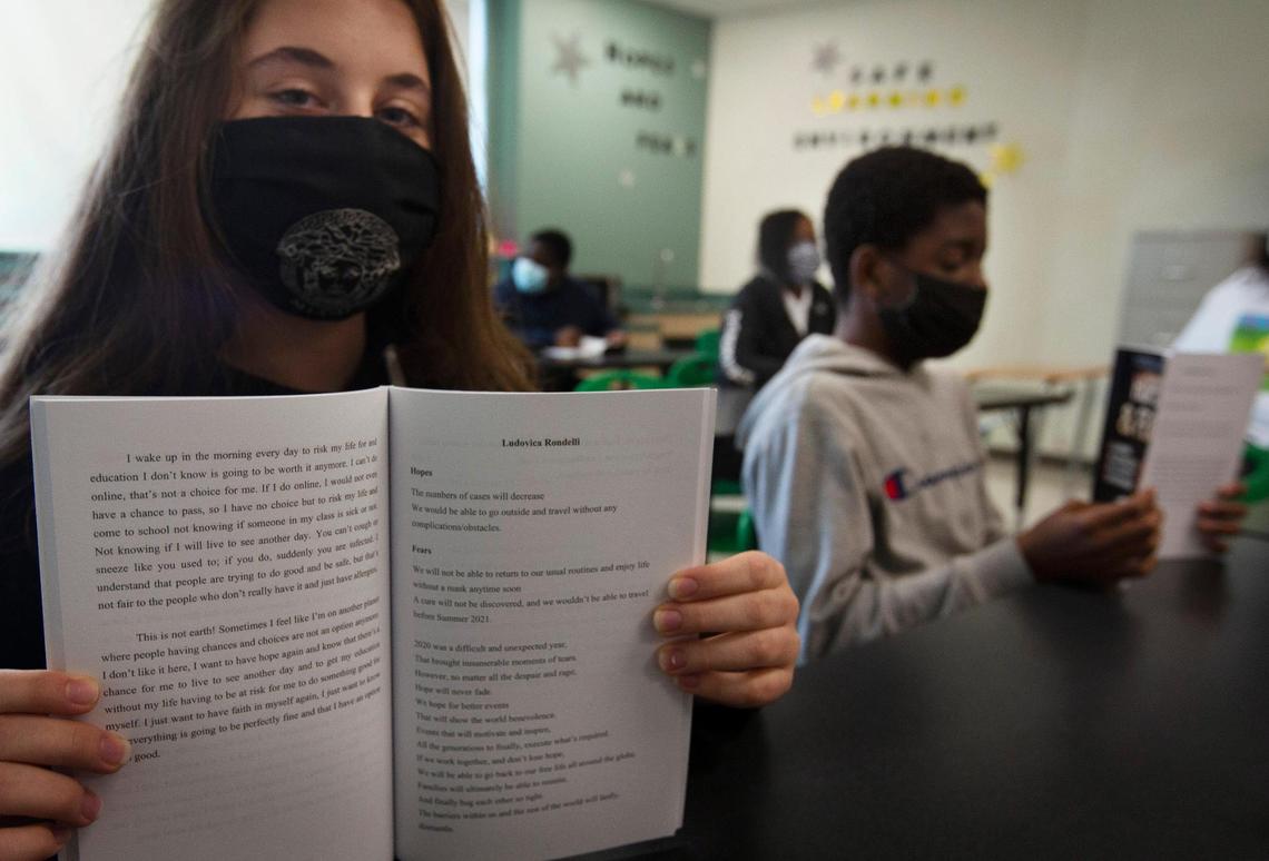 Ludovica Rondelli shows a page in the book where she wrote about her hopes and dreams following a school year that took place during a global pandemic. Rondelli is a ninth-grade student in Glenda Moton’s class at North Miami Senior High School.